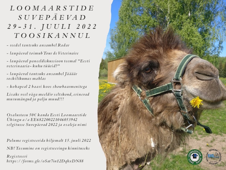 Käimas on registreerimine selleaastastele loomaarstide suvepäevadele, mis toimuvad 29.-31. juulil Toosikannu Puhkekeskuses.   Täpsem info ürituse FB-lehel: (vii